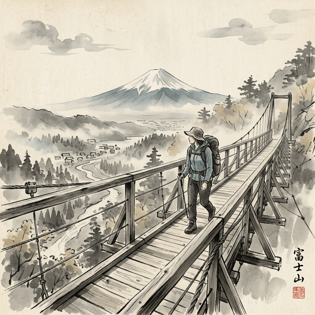 Hiker walking on wooden suspension bridge overlooking lush valley and Mount Fuji snow-capped peak
