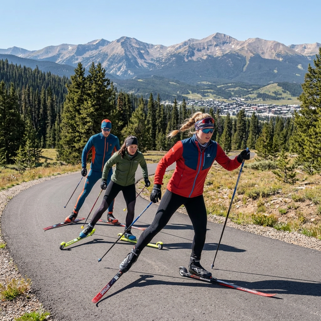 Three cross-country skiers skiing on a groomed trail with snow-covered mountains in the background